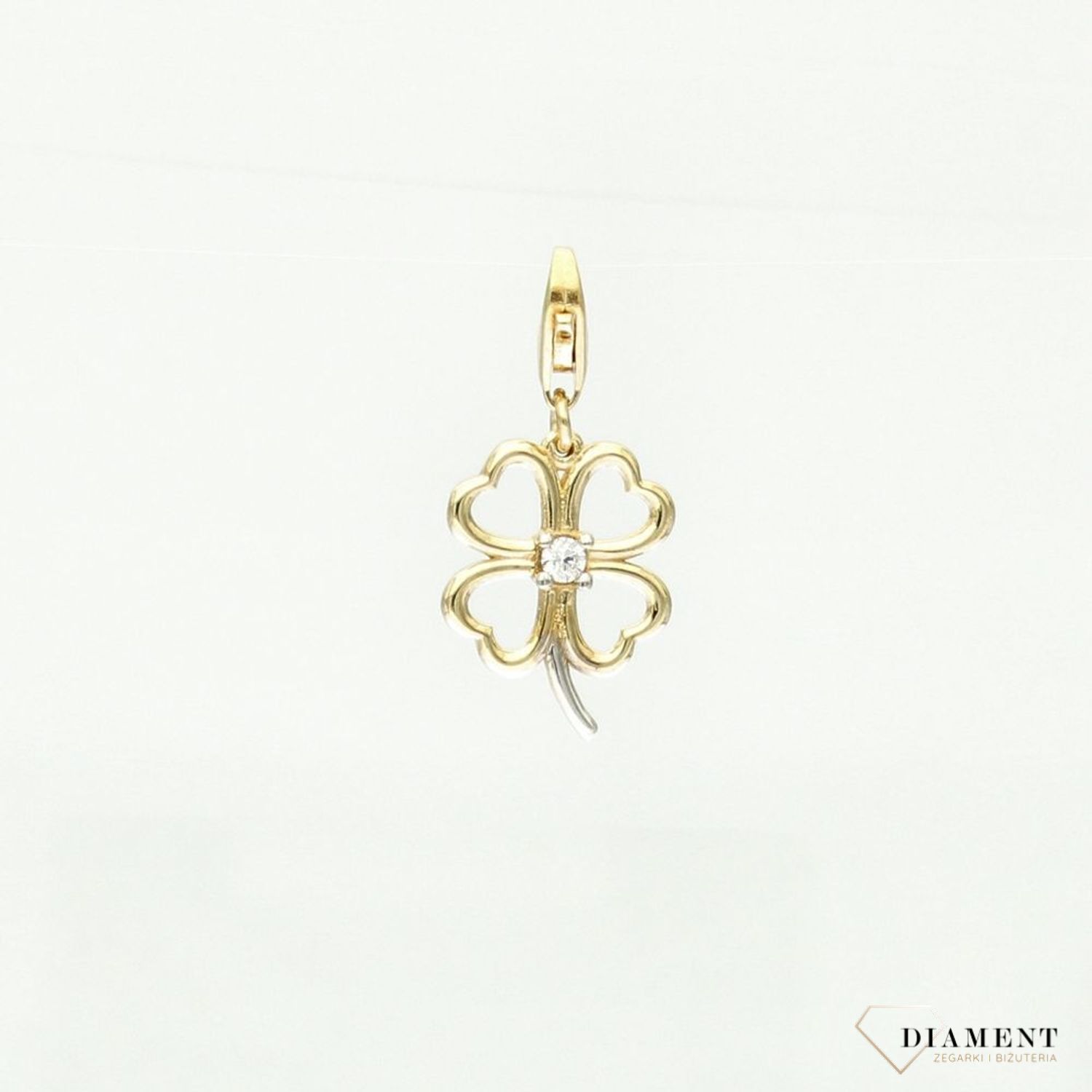 Złota zawieszka charms w kształcie czterolistnej koniczynki to doskonały prezent! Darmowa dostawa i ozdobne pudełko gratis! www.zegarki-diament.pl.jpg